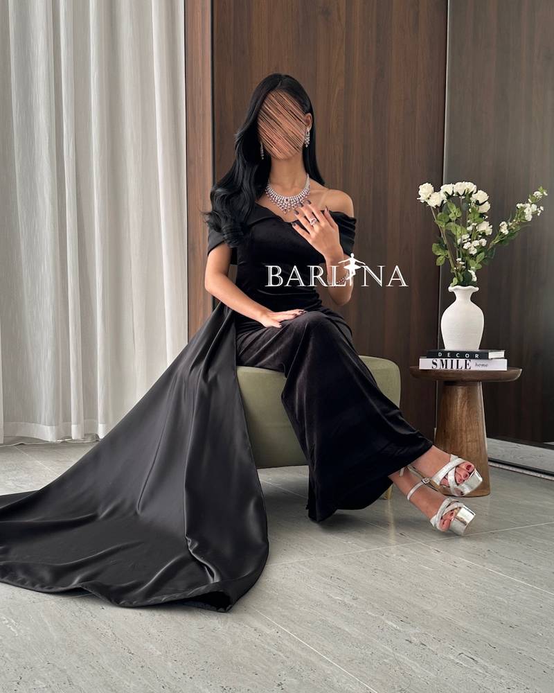 Black Velvet Evening Dress with Dropped Sleeves