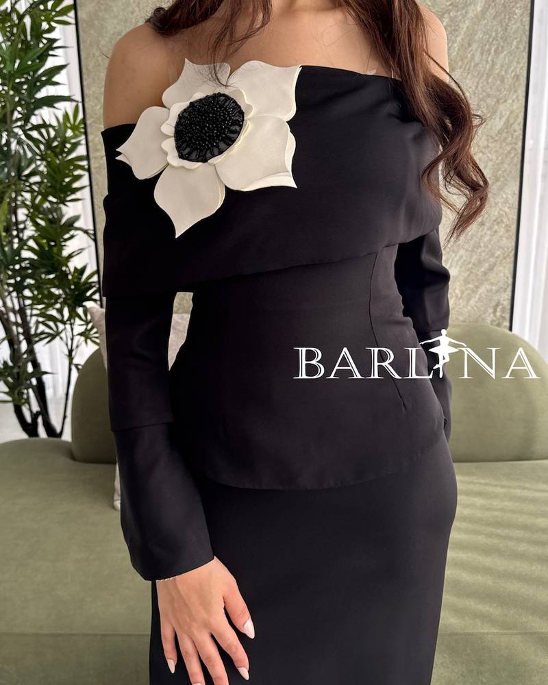 Black Off Shoulder Dress with Off White Flower