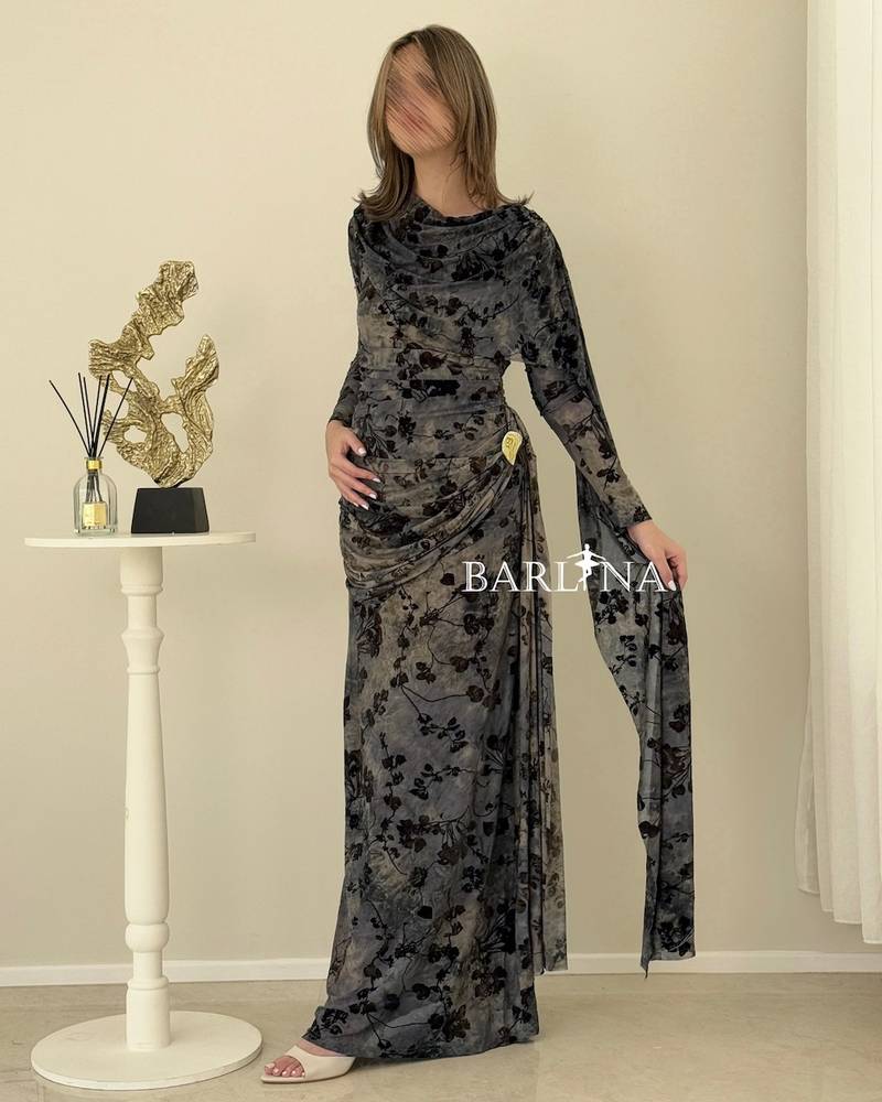 Gray floral dress with a side sash