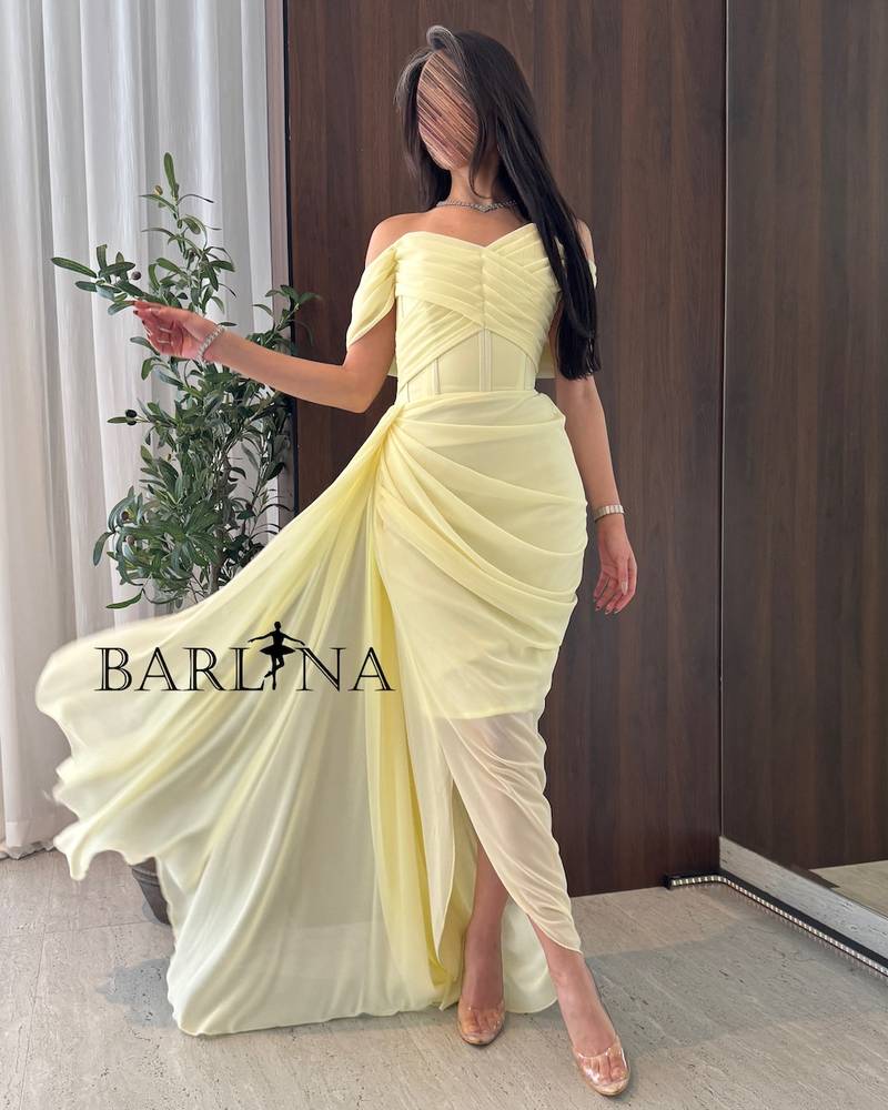 Lemon yellow off-the-shoulder georgette dress