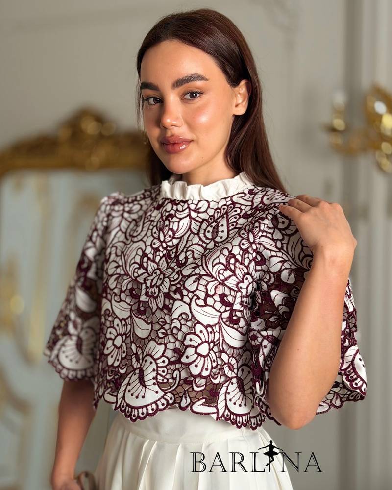 Off-white midi set with burgundy embroidery