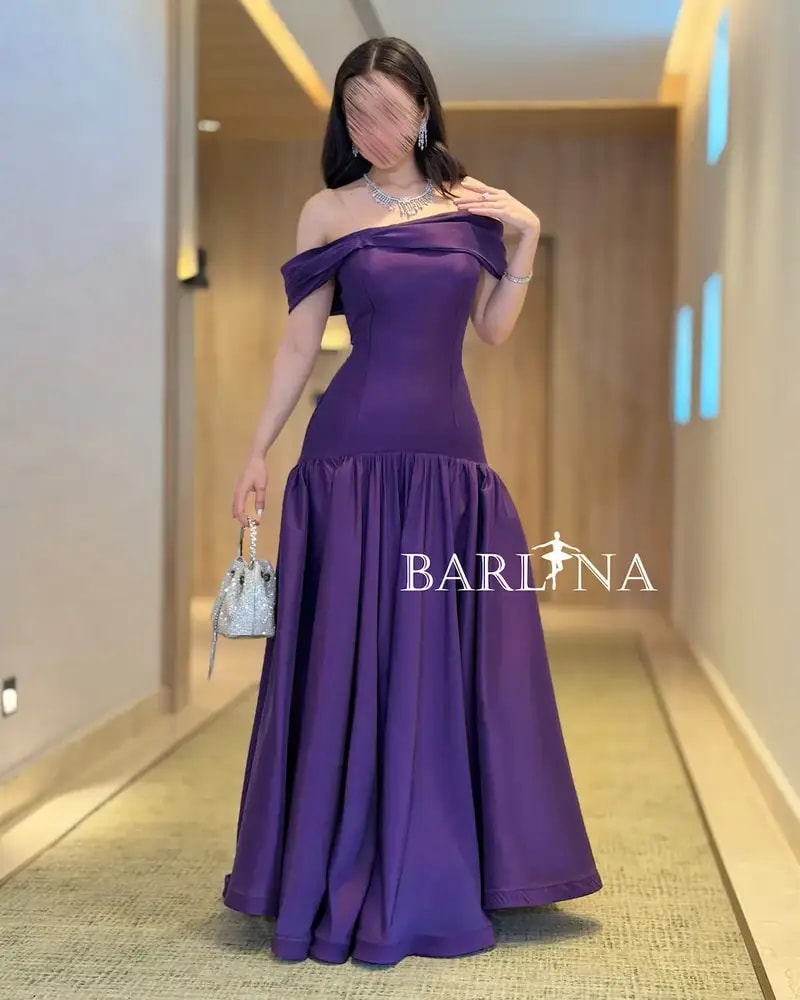 Royal purple off-shoulder evening dress