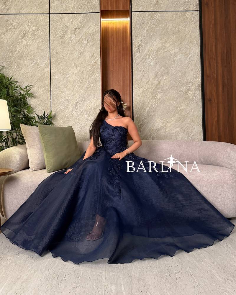 Navy blue dress with a fluffy cut and elegant rose embroidery