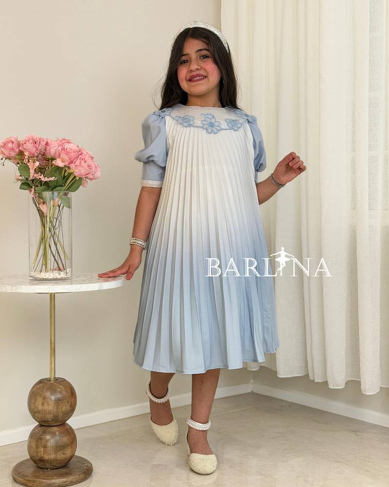 A soft, pleated girl's dress with embroidered flowers