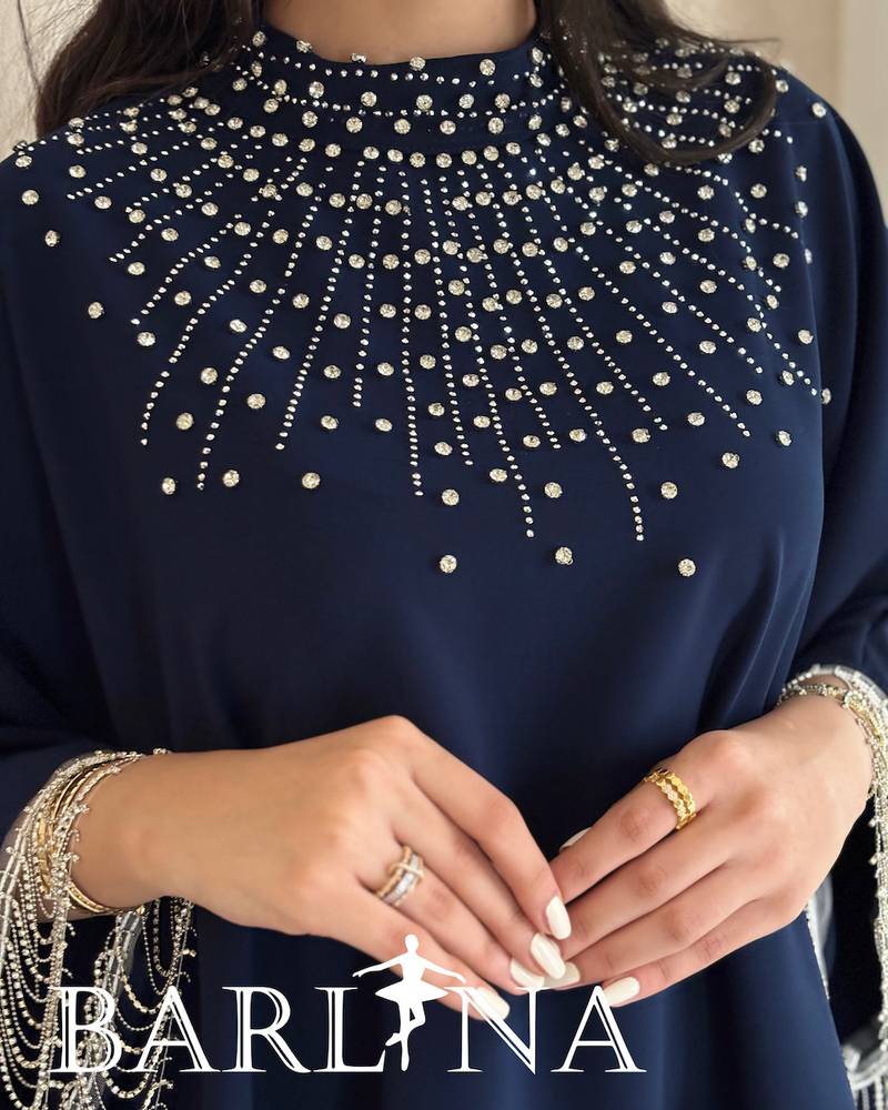 Wide navy blue jalabiya with chest embroidery