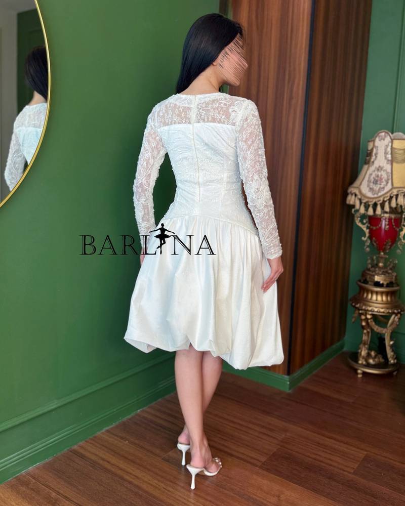 White lace short dress with sheer sleeves