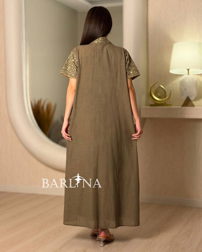 Elegant olive green jalabiya with embroidered placket
