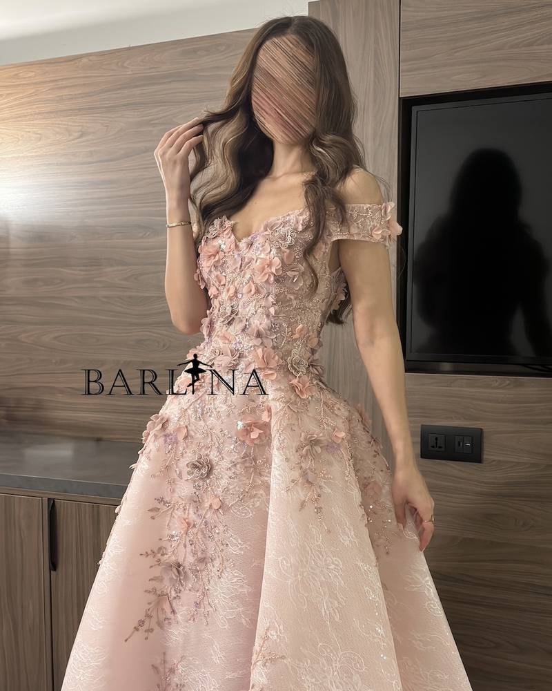 Pink lace evening dress with soft flowers