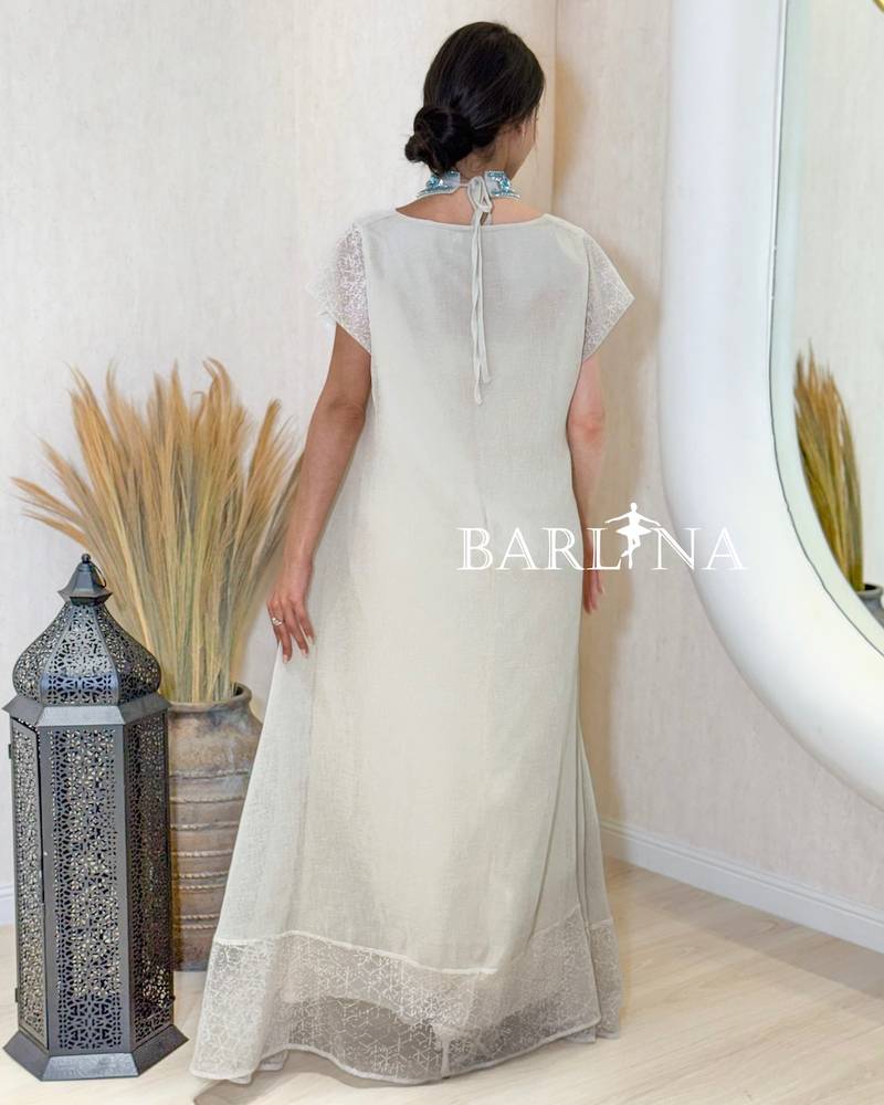 Long beige jalabiya with a bejeweled tie-neck
