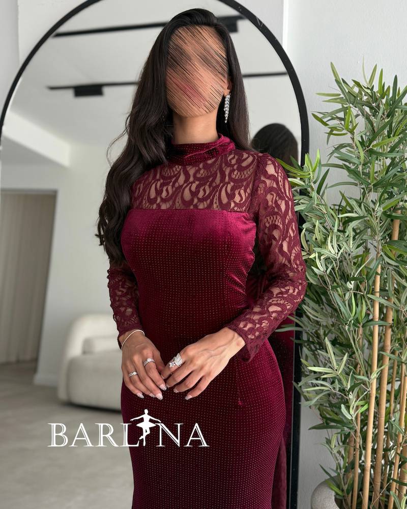 Burgundy velvet dress with lace sleeves