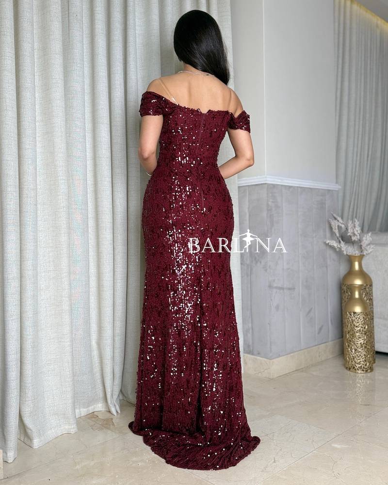 Burgundy sequin off-the-shoulder dress