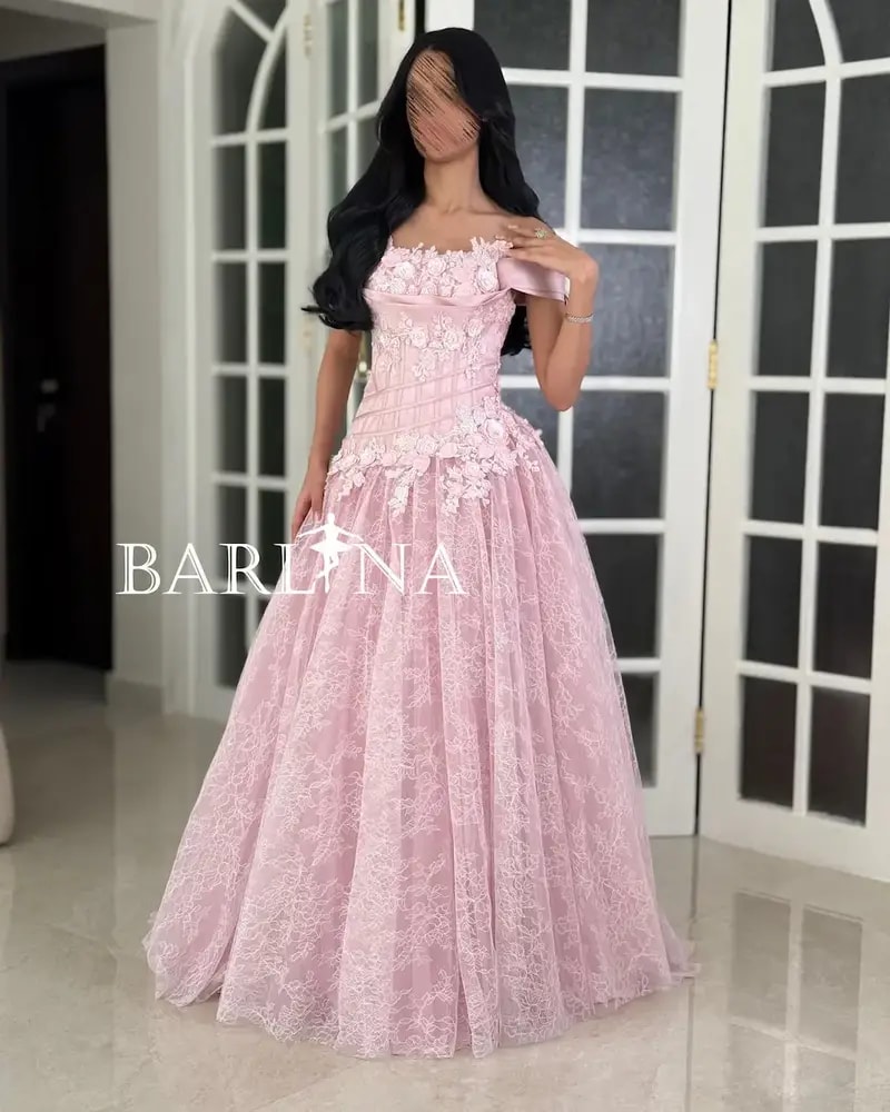 Pink lace evening dress with rose embroidery