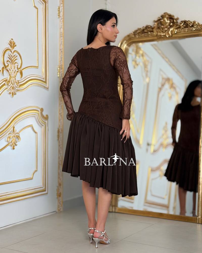 Brown dress with lace sleeves and a sweetheart neckline