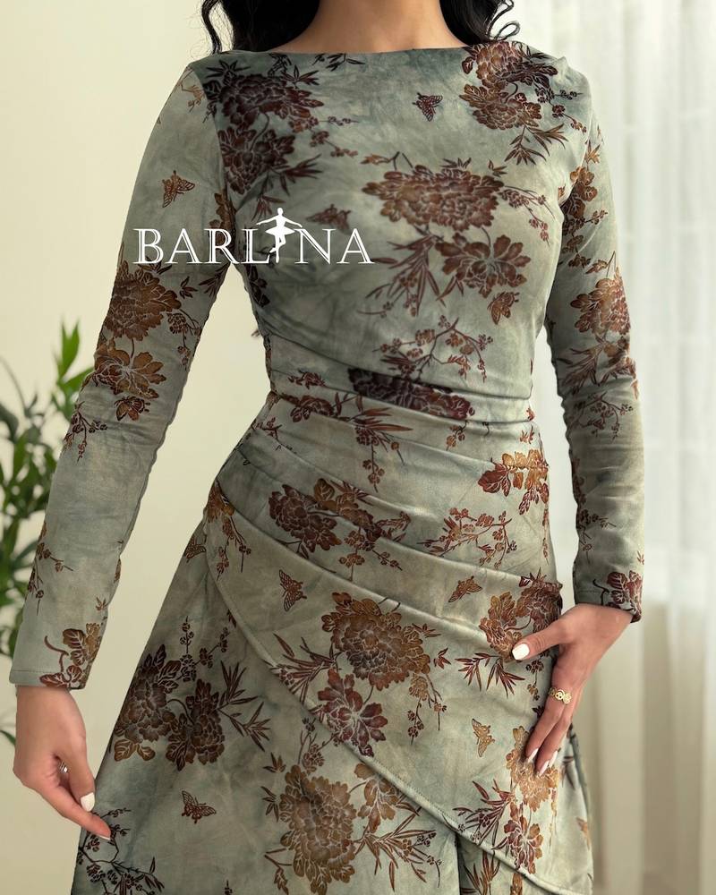 Green dress with a brown floral pattern