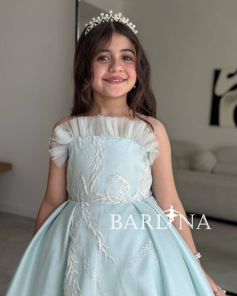 Girls' sky blue dress with shiny gold embroidery