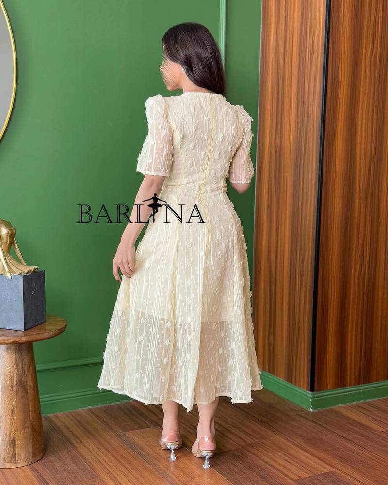 Soft beige dress embroidered with roses