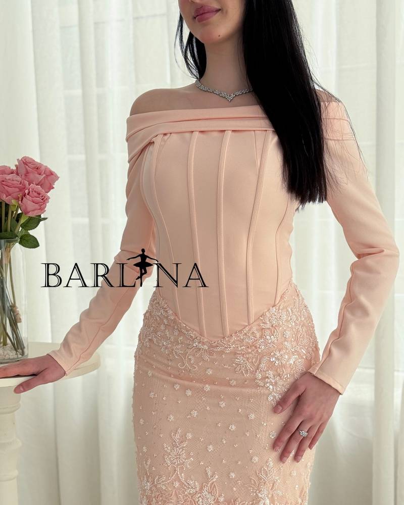 Long pink corset dress with embroidered lace