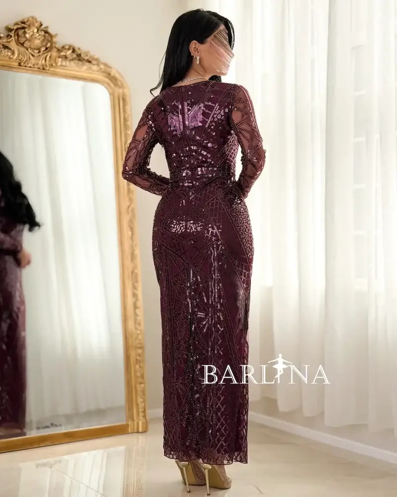 burgundy fitted evening dress with embroidery