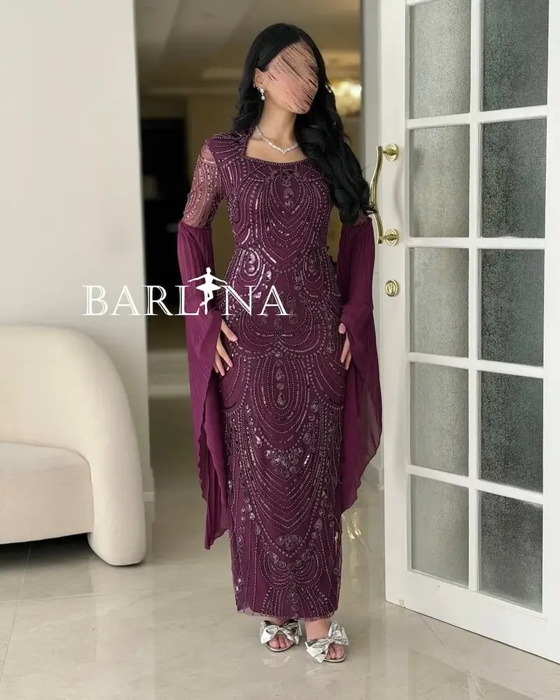 Purple occasion dress with wide sleeves, embroidered