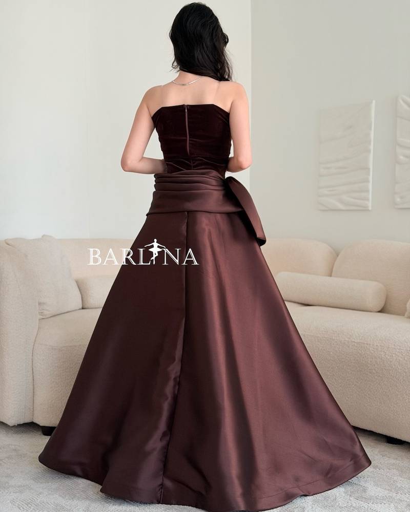 Royal brown dress with a high wrapped waist