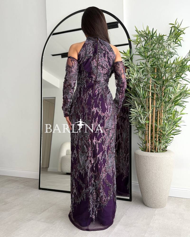 Dark lilac evening dress fully embellished