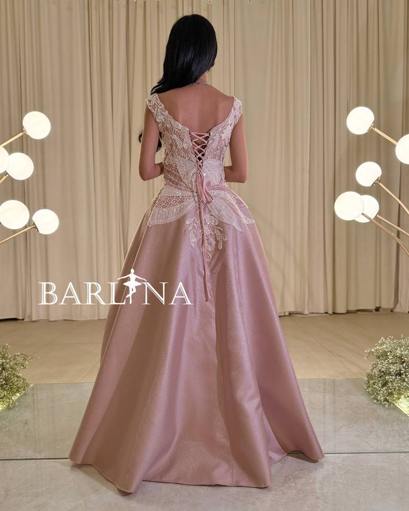 Pink evening dress with beaded embroidery