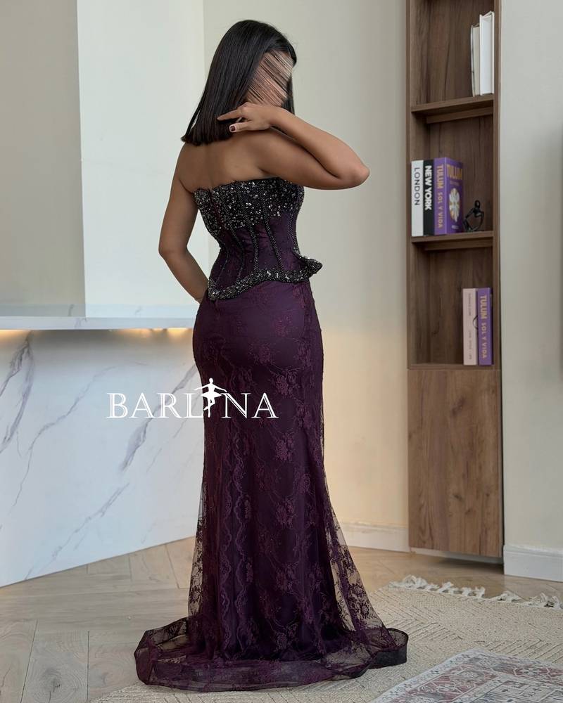 Dark purple dress with embroidered corset design