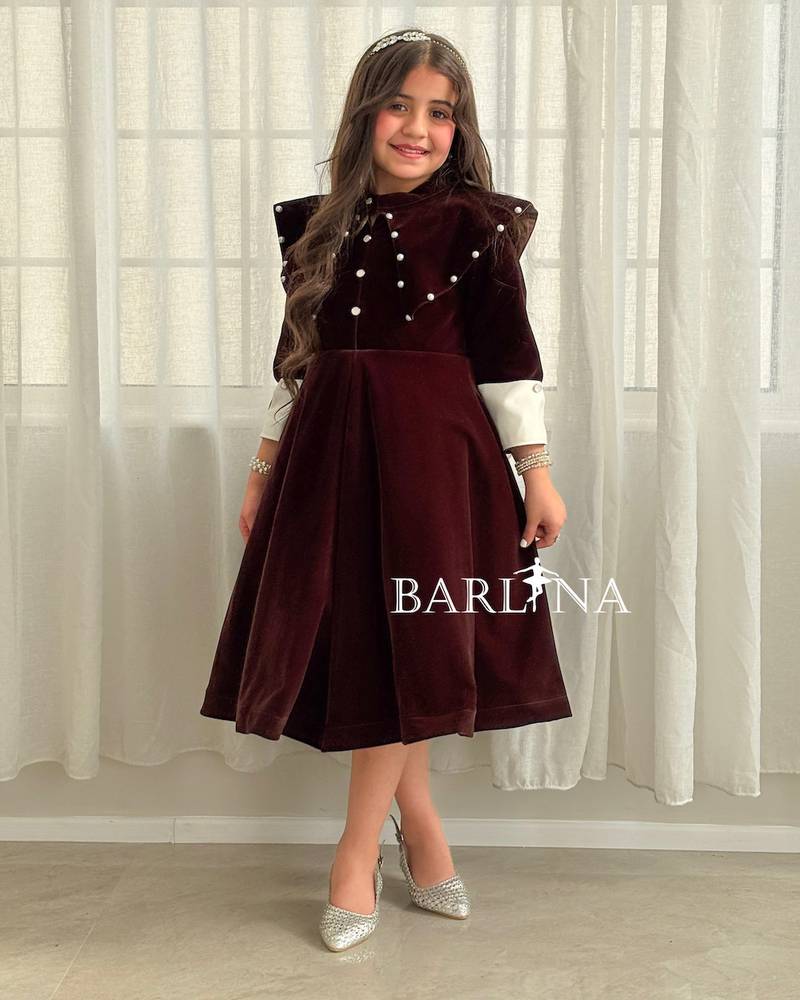 Girls' winter dress, brown with pearl details