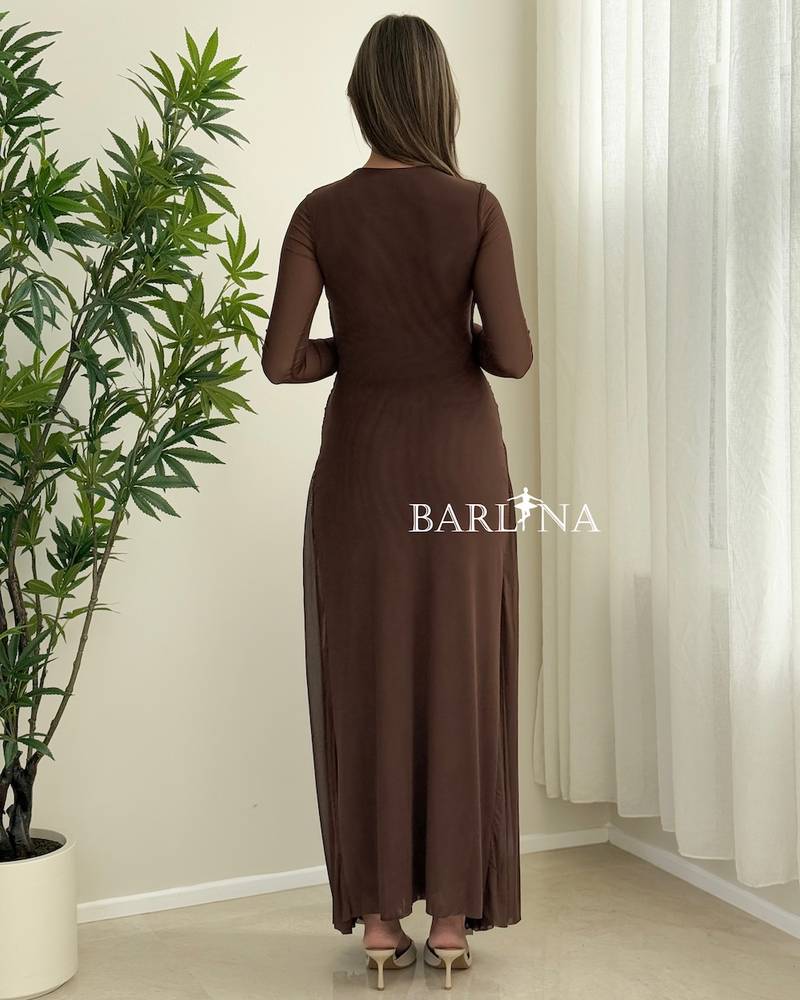 Long brown dress with an overlapping wrap design