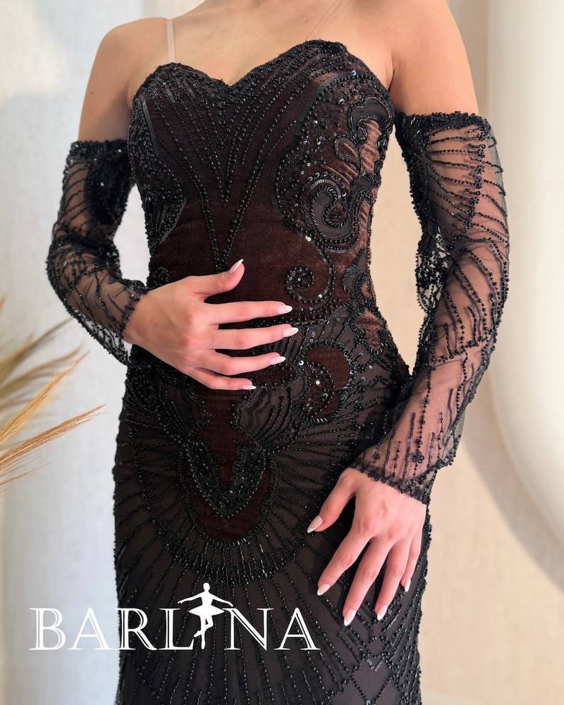Black embroidered off-shoulder evening dress