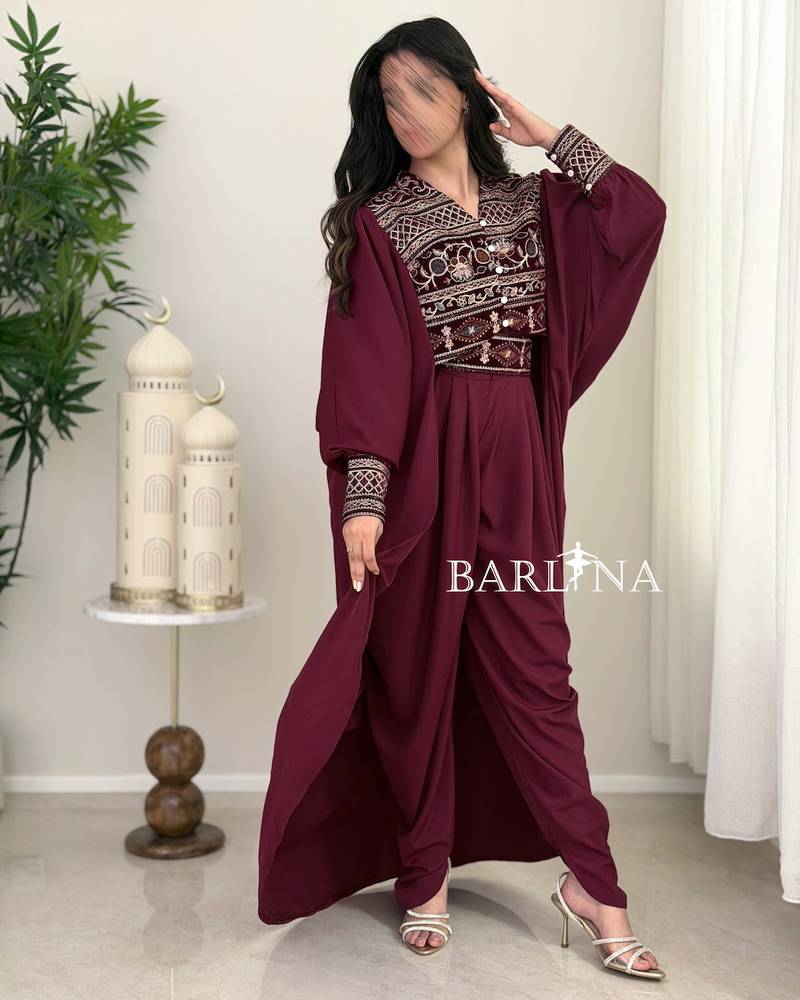 Burgundy jumpsuit jalabiya with luxurious traditional embroidery