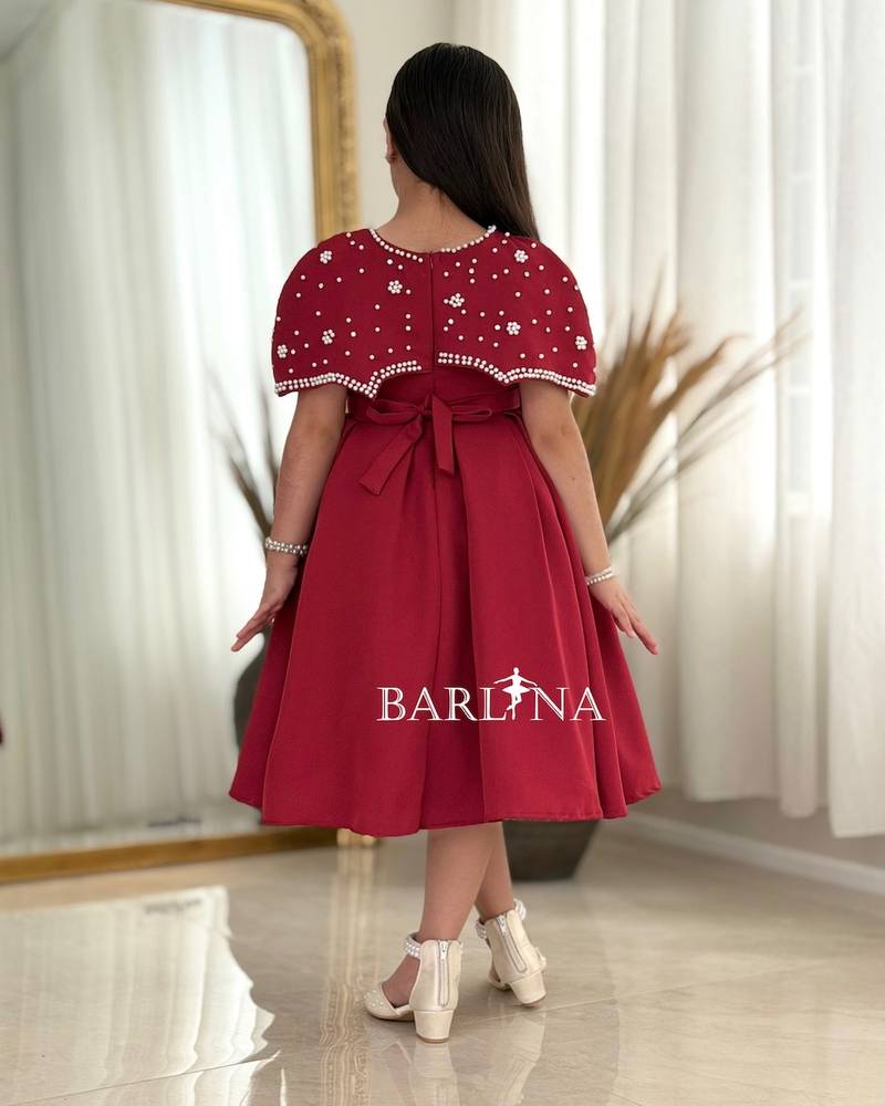 Girls' burgundy dress with short pearl cape
