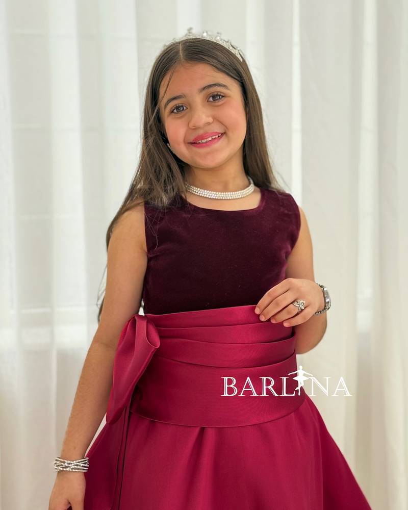 Girls' burgundy dress with a classic wide belt