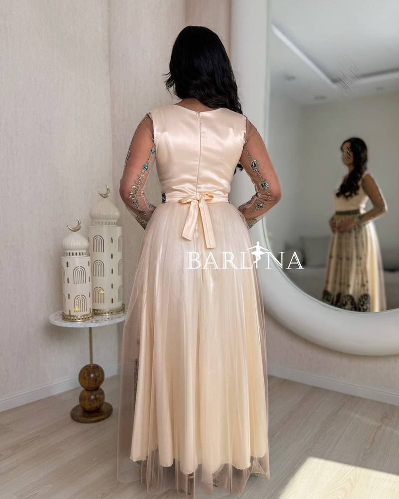 Beige jalabiya embroidered gold threads and  decorative belt