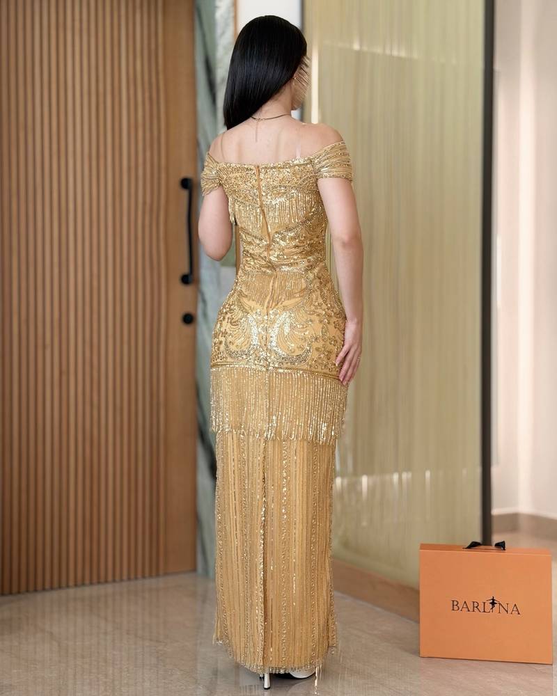 Luxurious evening dress with cascading crystal fringe