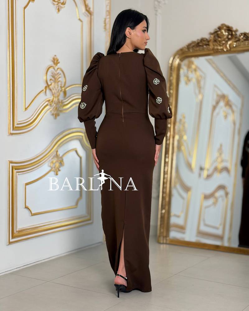 Long brown embroidered dress with a straight cut