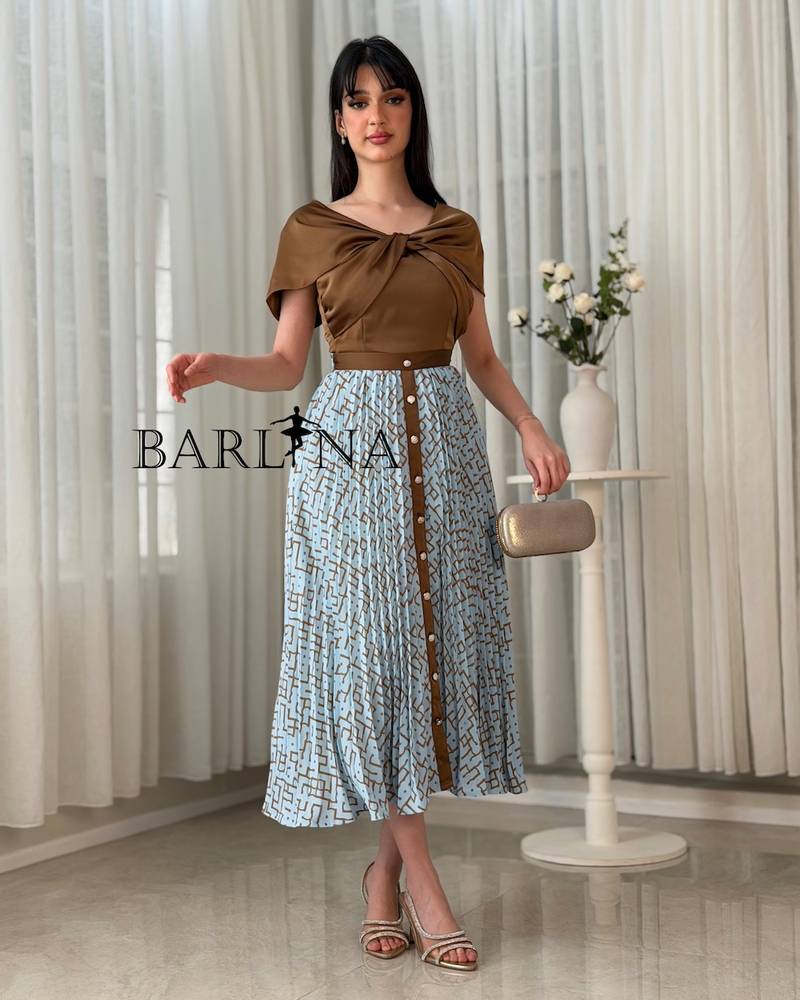 Women's set with a light blue pleated skirt and a brown blouse