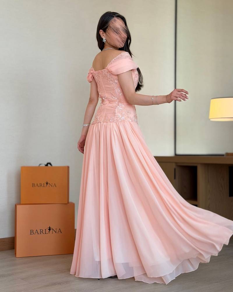flowing pink georgette evening dress