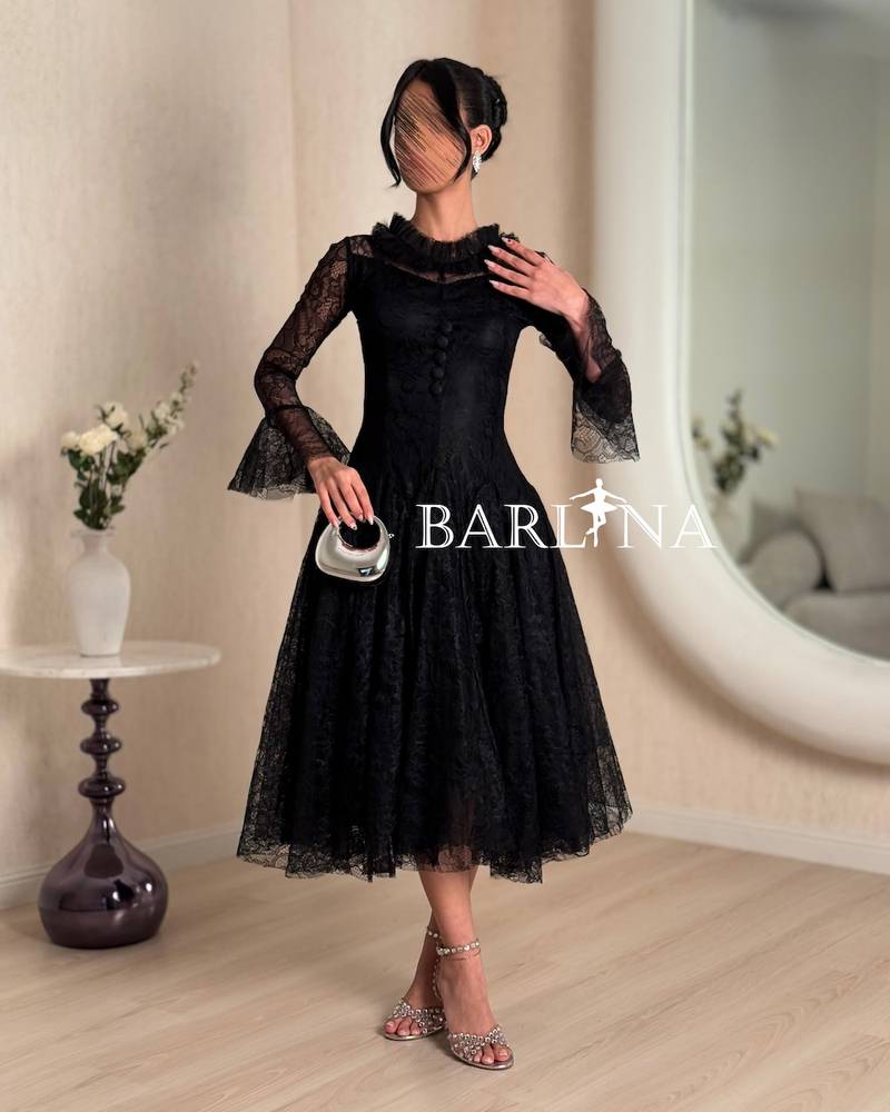 Elegant high-neck midi lace dress