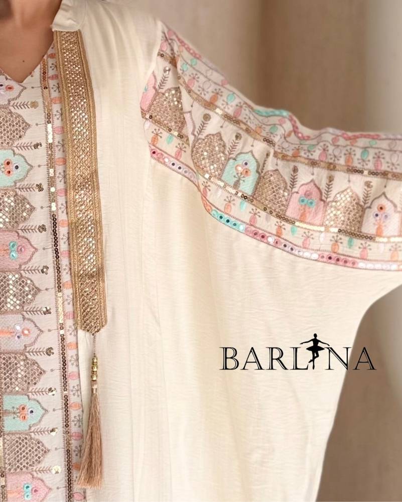 Off-white jalabiya with multicolored embroidery