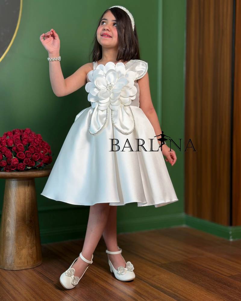 white puffy girl's dress with a rose detail