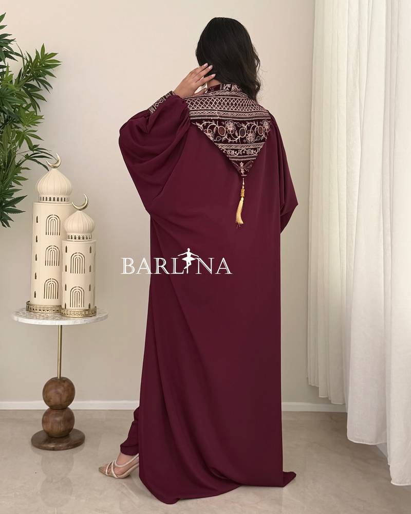 Burgundy jumpsuit jalabiya with luxurious traditional embroidery