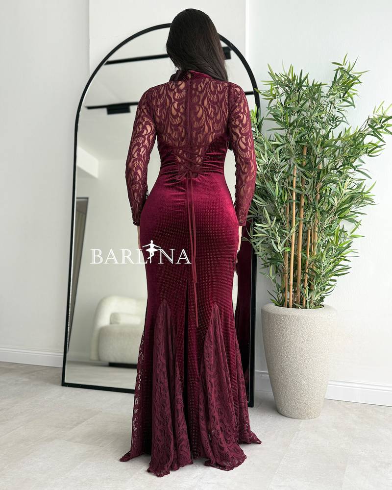 Burgundy velvet dress with lace sleeves