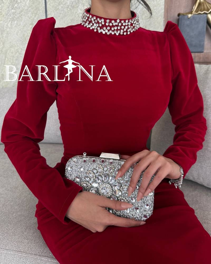 Red velvet dress with crystal collar