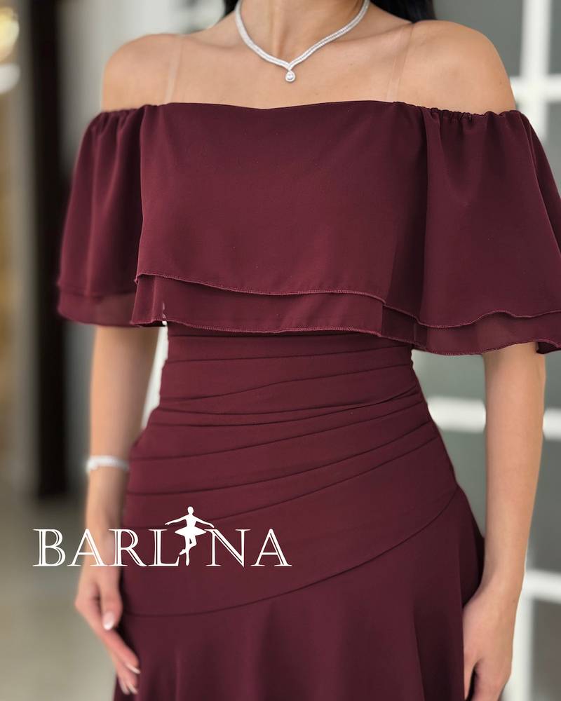 Burgundy off-shoulder dress with tiered layers