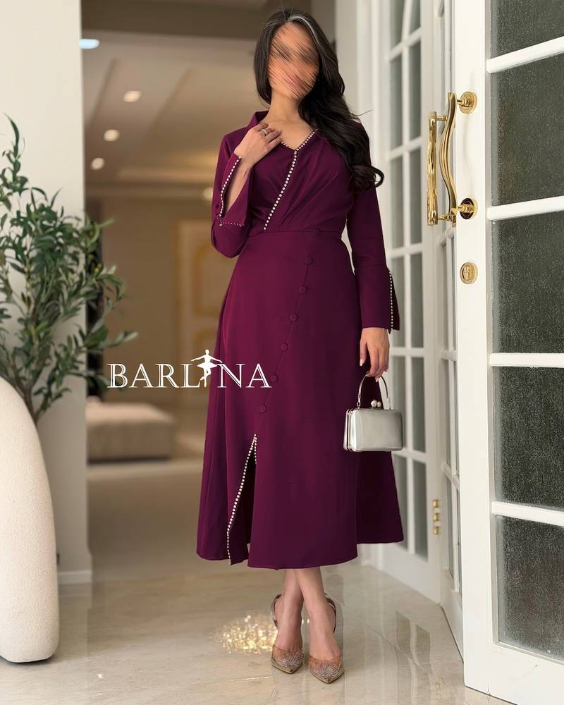 Burgundy dress with a formal collar and crystal embroidery