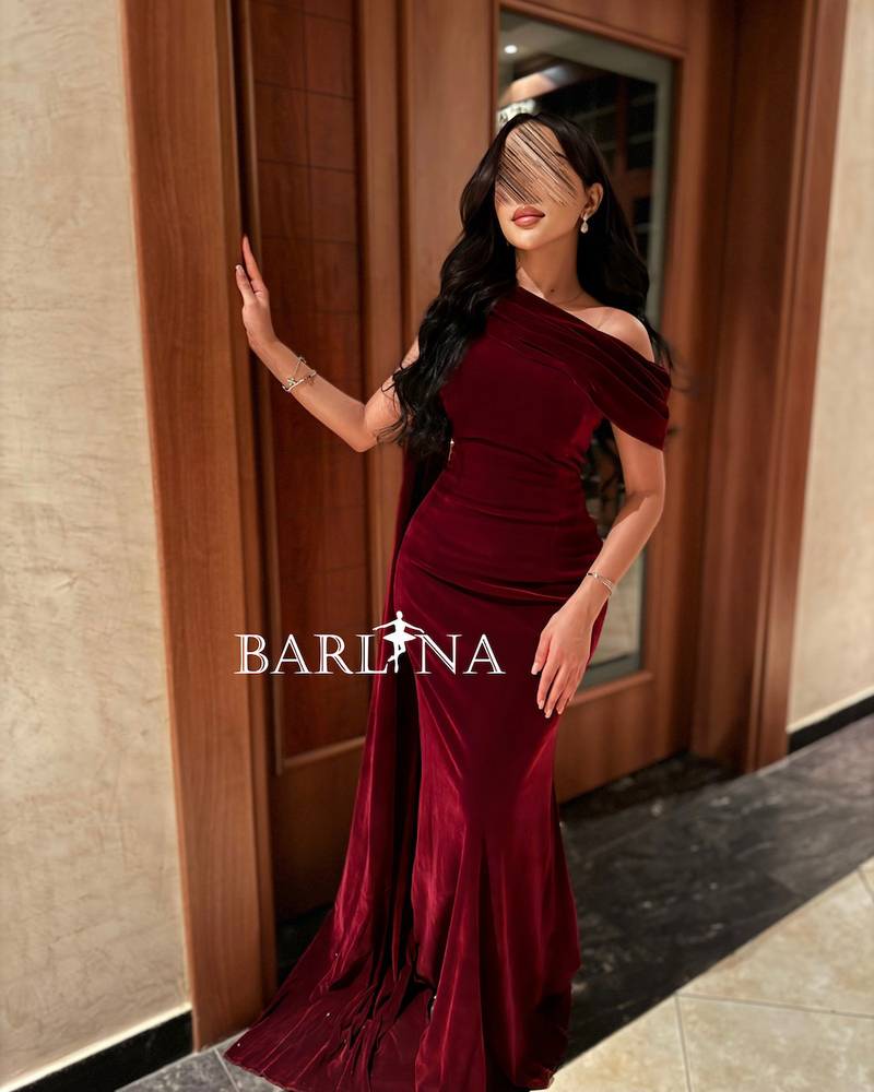 Burgundy velvet dress with a long shawl off the shoulder