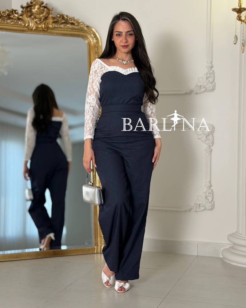 Navy jumpsuit with elegant lace sleeves