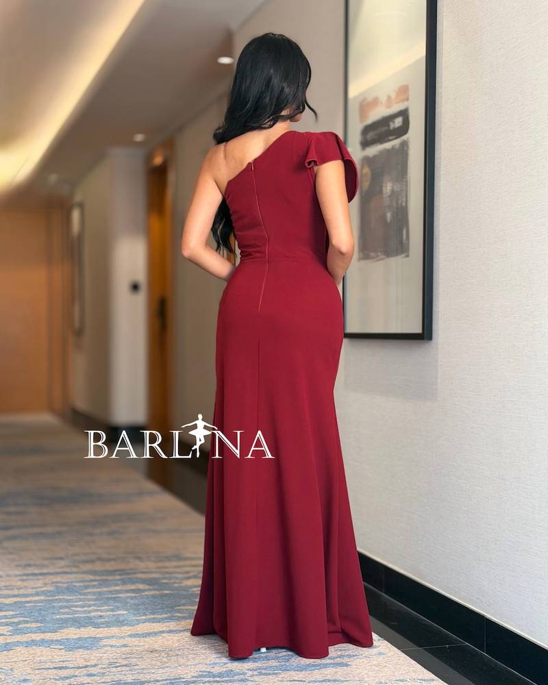 Burgundy one-shoulder dress with side ruffles