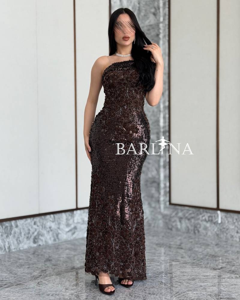 Brown one-shoulder embroidered evening dress